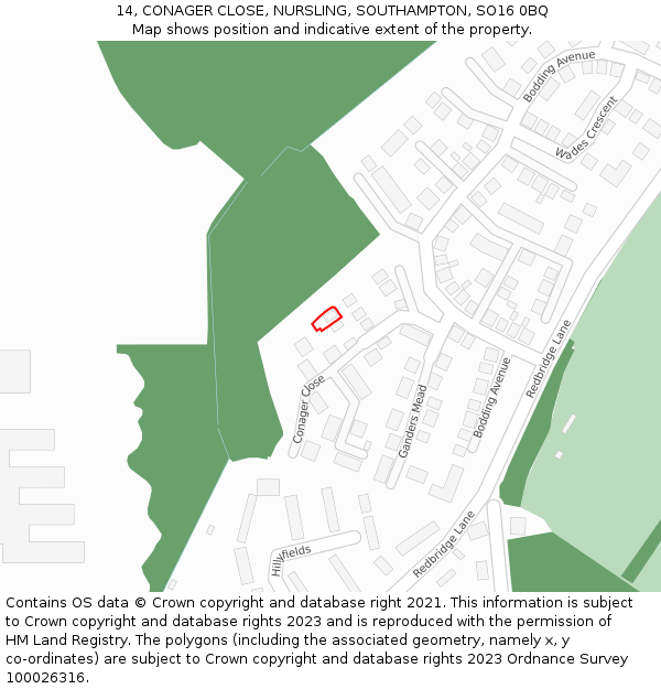 14, CONAGER CLOSE, NURSLING, SOUTHAMPTON, SO16 0BQ: Location map and indicative extent of plot