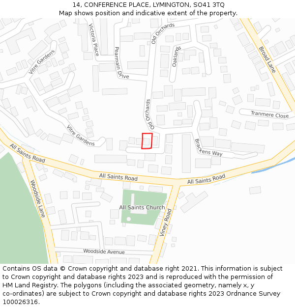 14, CONFERENCE PLACE, LYMINGTON, SO41 3TQ: Location map and indicative extent of plot