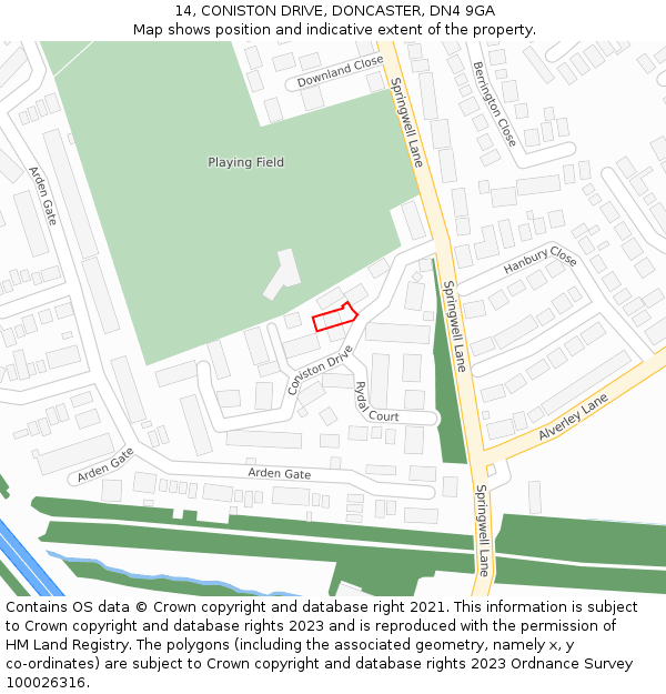 14, CONISTON DRIVE, DONCASTER, DN4 9GA: Location map and indicative extent of plot