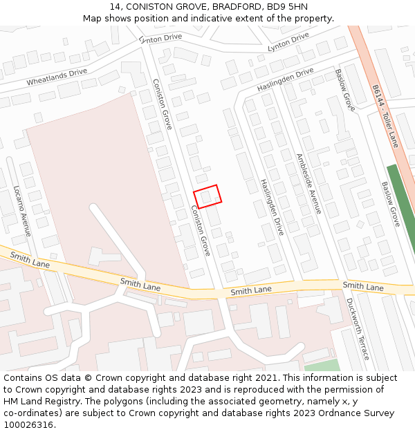 14, CONISTON GROVE, BRADFORD, BD9 5HN: Location map and indicative extent of plot