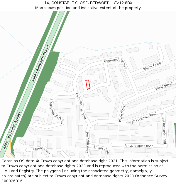 14, CONSTABLE CLOSE, BEDWORTH, CV12 8BX: Location map and indicative extent of plot