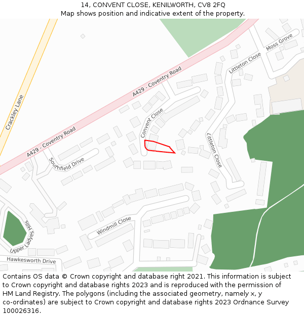 14, CONVENT CLOSE, KENILWORTH, CV8 2FQ: Location map and indicative extent of plot