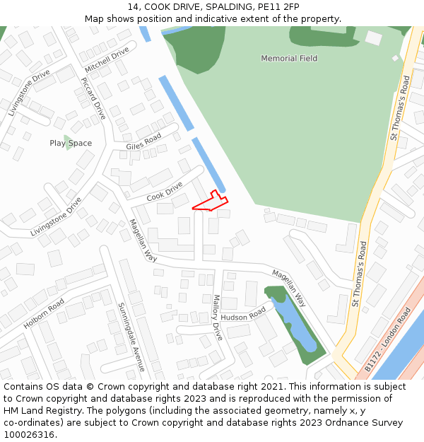 14, COOK DRIVE, SPALDING, PE11 2FP: Location map and indicative extent of plot