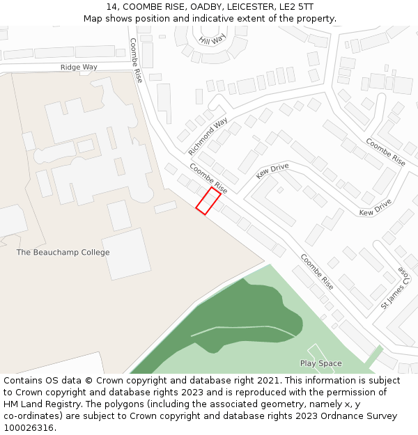 14, COOMBE RISE, OADBY, LEICESTER, LE2 5TT: Location map and indicative extent of plot