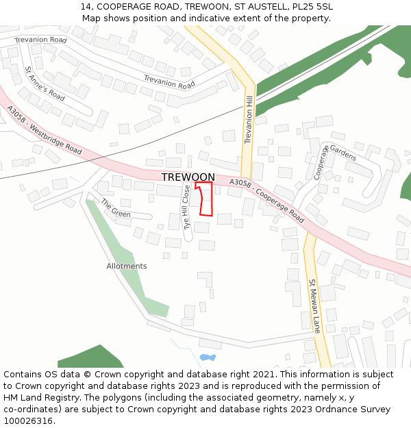 14, COOPERAGE ROAD, TREWOON, ST AUSTELL, PL25 5SL: Location map and indicative extent of plot