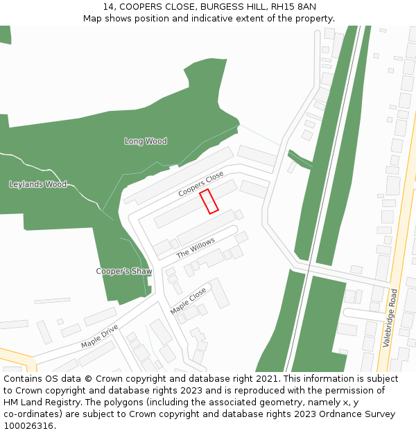 14, COOPERS CLOSE, BURGESS HILL, RH15 8AN: Location map and indicative extent of plot