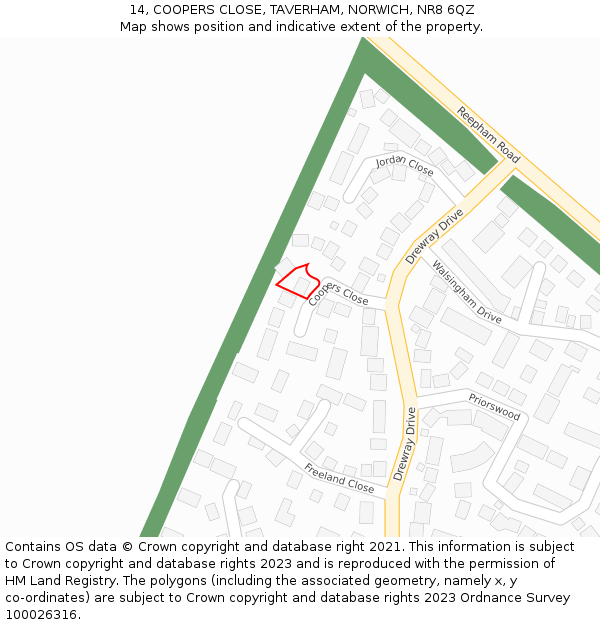 14, COOPERS CLOSE, TAVERHAM, NORWICH, NR8 6QZ: Location map and indicative extent of plot