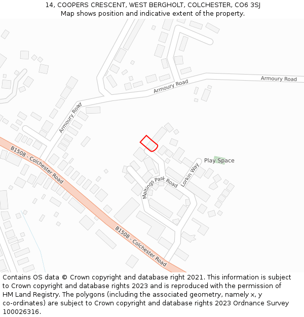 14, COOPERS CRESCENT, WEST BERGHOLT, COLCHESTER, CO6 3SJ: Location map and indicative extent of plot