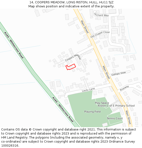 14, COOPERS MEADOW, LONG RISTON, HULL, HU11 5JZ: Location map and indicative extent of plot