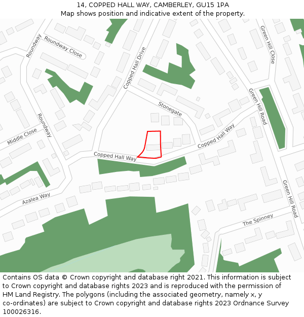 14, COPPED HALL WAY, CAMBERLEY, GU15 1PA: Location map and indicative extent of plot