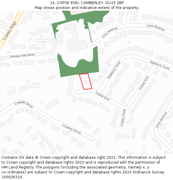 14, COPSE END, CAMBERLEY, GU15 2BP: Location map and indicative extent of plot