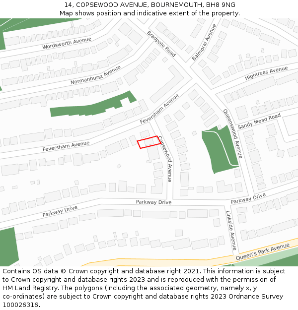 14, COPSEWOOD AVENUE, BOURNEMOUTH, BH8 9NG: Location map and indicative extent of plot