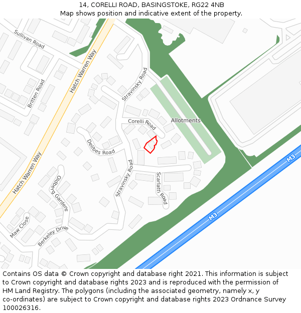 14, CORELLI ROAD, BASINGSTOKE, RG22 4NB: Location map and indicative extent of plot