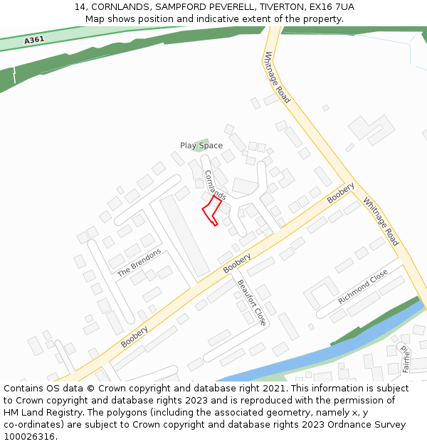 14, CORNLANDS, SAMPFORD PEVERELL, TIVERTON, EX16 7UA: Location map and indicative extent of plot