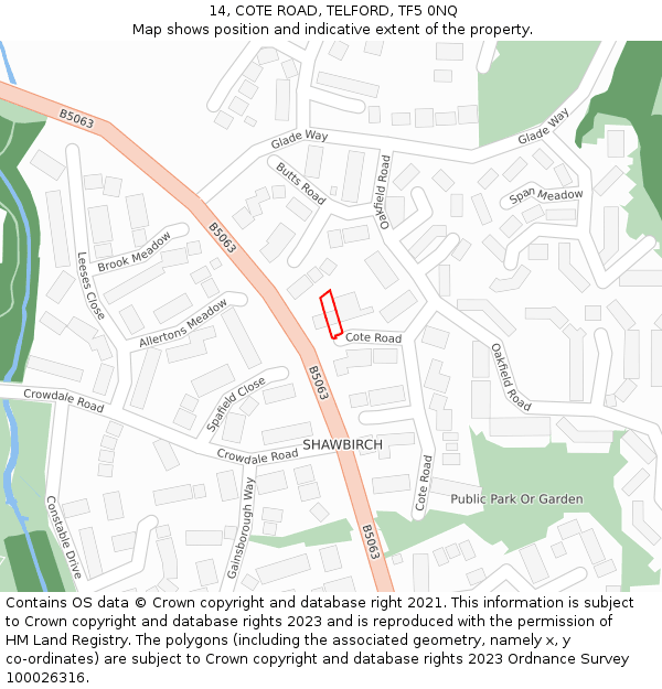 14, COTE ROAD, TELFORD, TF5 0NQ: Location map and indicative extent of plot