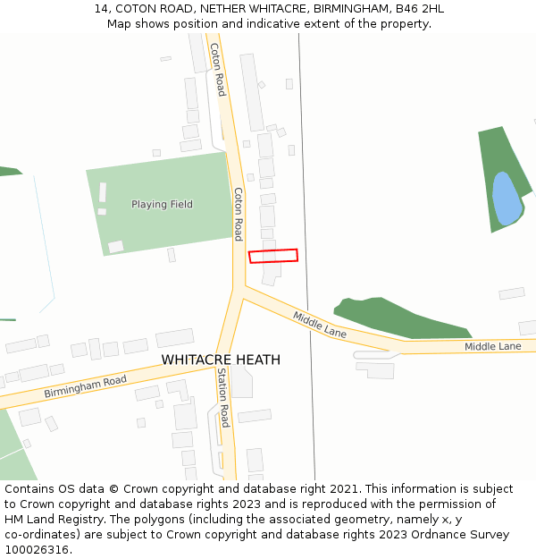 14, COTON ROAD, NETHER WHITACRE, BIRMINGHAM, B46 2HL: Location map and indicative extent of plot