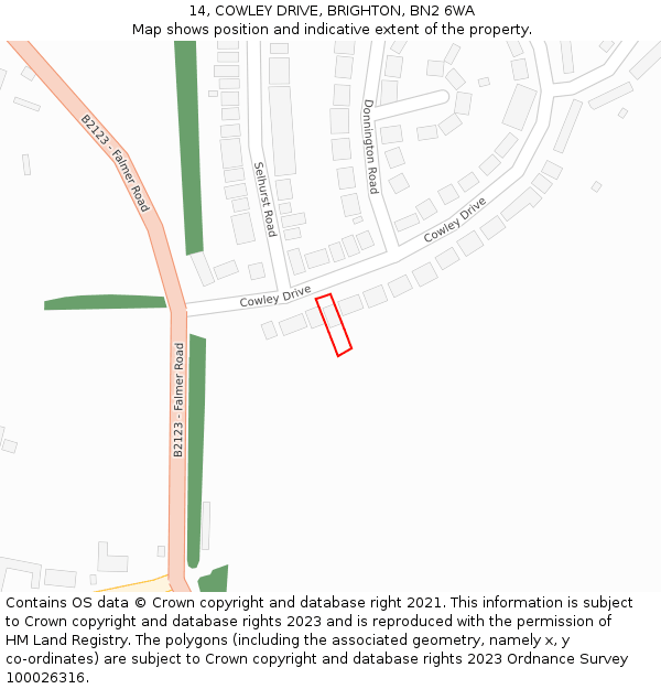 14, COWLEY DRIVE, BRIGHTON, BN2 6WA: Location map and indicative extent of plot