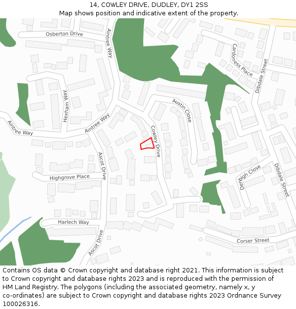 14, COWLEY DRIVE, DUDLEY, DY1 2SS: Location map and indicative extent of plot