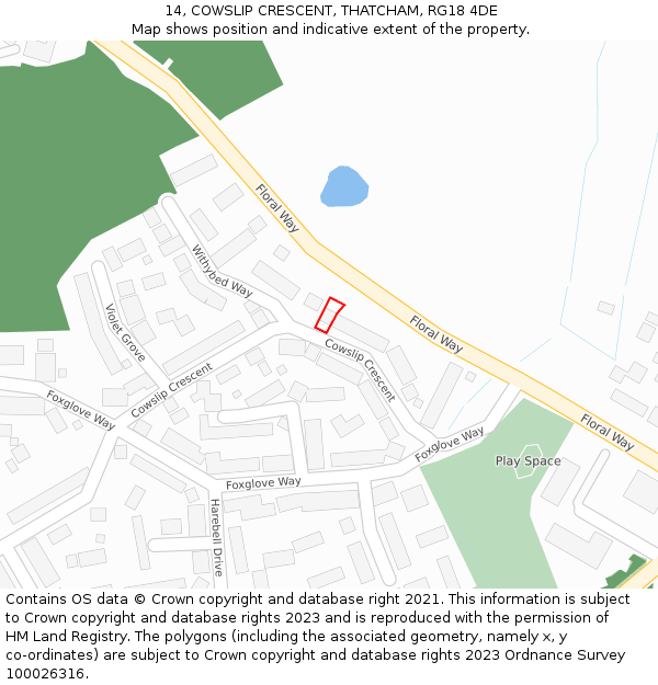 14, COWSLIP CRESCENT, THATCHAM, RG18 4DE: Location map and indicative extent of plot
