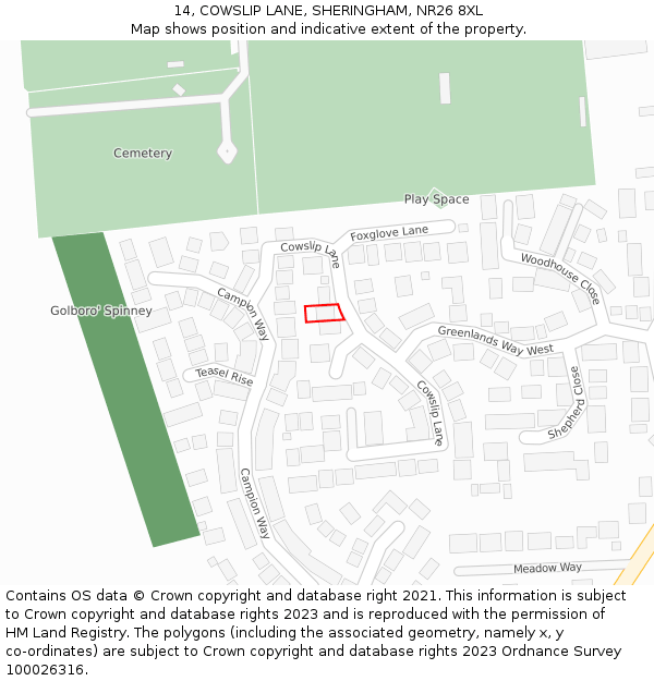 14, COWSLIP LANE, SHERINGHAM, NR26 8XL: Location map and indicative extent of plot