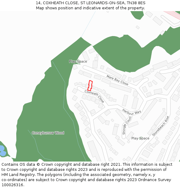 14, COXHEATH CLOSE, ST LEONARDS-ON-SEA, TN38 8ES: Location map and indicative extent of plot