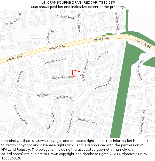 14, CRANBOURNE DRIVE, REDCAR, TS10 2SP: Location map and indicative extent of plot