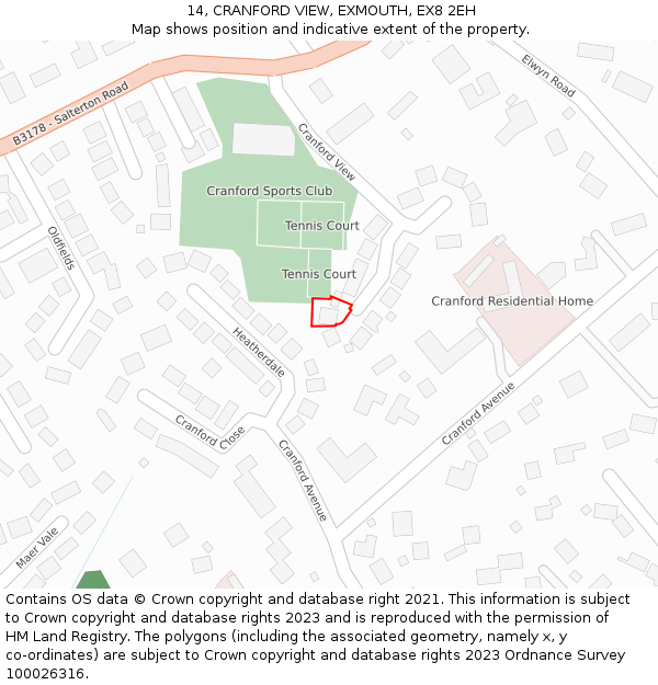 14, CRANFORD VIEW, EXMOUTH, EX8 2EH: Location map and indicative extent of plot