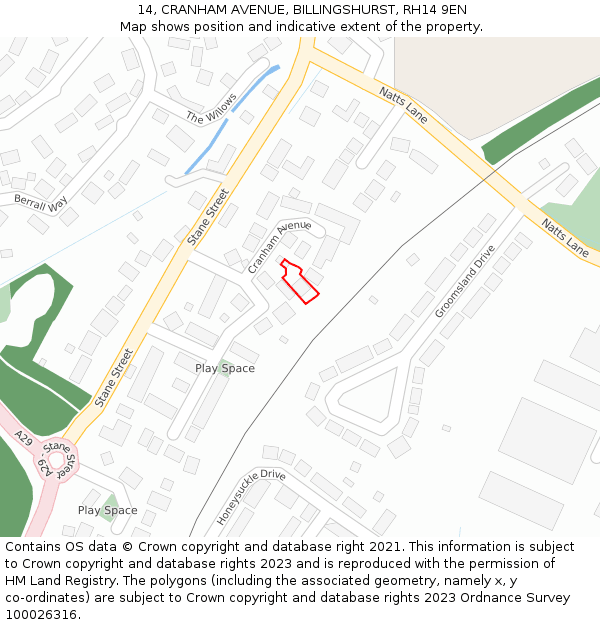 14, CRANHAM AVENUE, BILLINGSHURST, RH14 9EN: Location map and indicative extent of plot