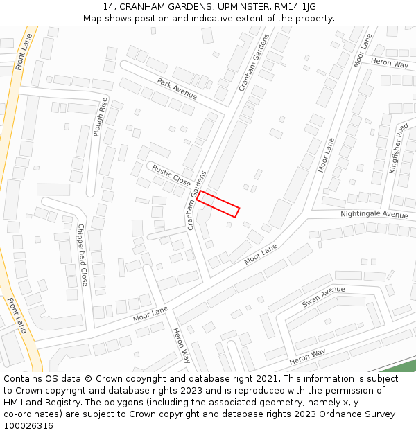 14, CRANHAM GARDENS, UPMINSTER, RM14 1JG: Location map and indicative extent of plot