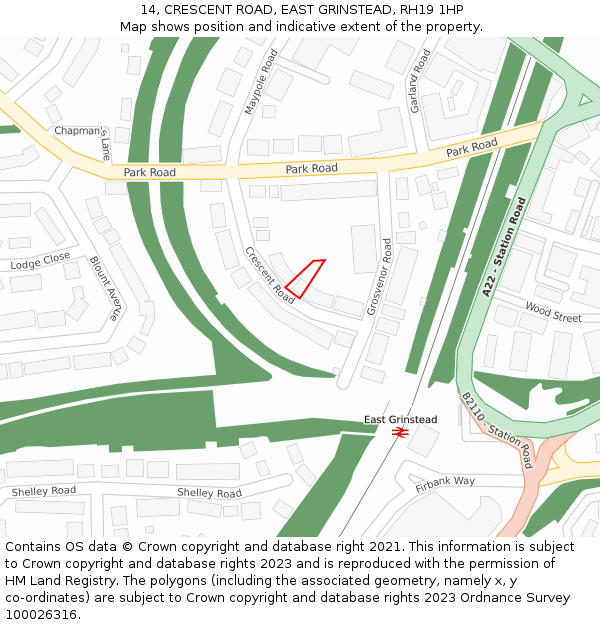 14, CRESCENT ROAD, EAST GRINSTEAD, RH19 1HP: Location map and indicative extent of plot