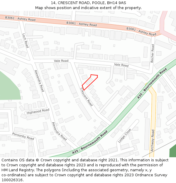 14, CRESCENT ROAD, POOLE, BH14 9AS: Location map and indicative extent of plot