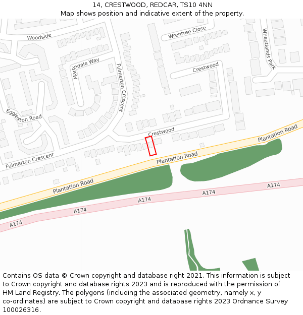 14, CRESTWOOD, REDCAR, TS10 4NN: Location map and indicative extent of plot