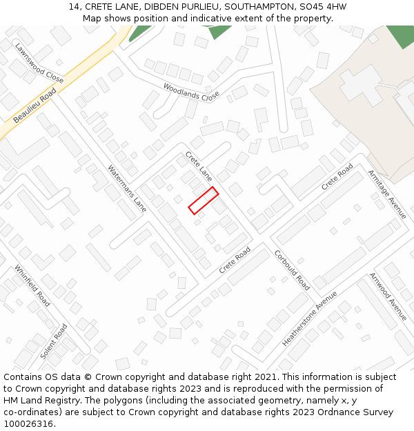 14, CRETE LANE, DIBDEN PURLIEU, SOUTHAMPTON, SO45 4HW: Location map and indicative extent of plot
