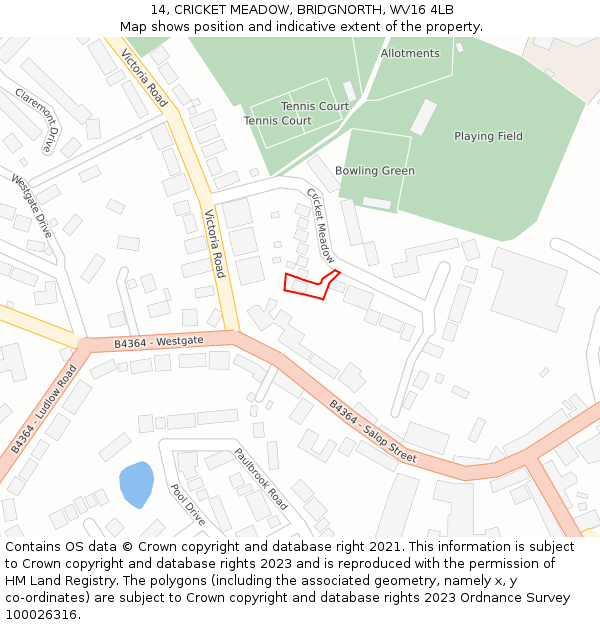 14, CRICKET MEADOW, BRIDGNORTH, WV16 4LB: Location map and indicative extent of plot