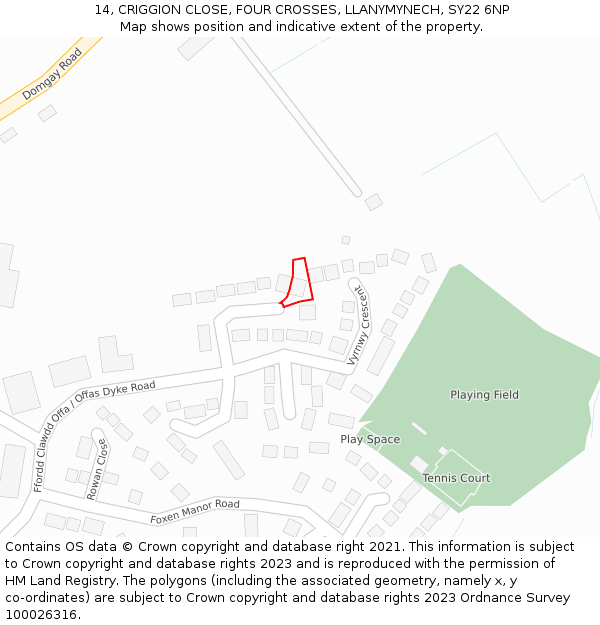 14, CRIGGION CLOSE, FOUR CROSSES, LLANYMYNECH, SY22 6NP: Location map and indicative extent of plot