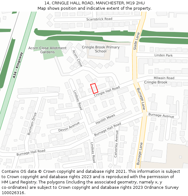 14, CRINGLE HALL ROAD, MANCHESTER, M19 2HU: Location map and indicative extent of plot