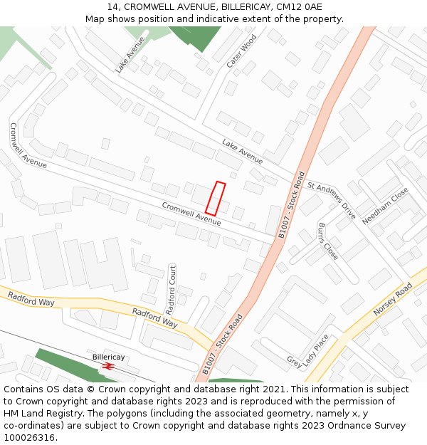 14, CROMWELL AVENUE, BILLERICAY, CM12 0AE: Location map and indicative extent of plot