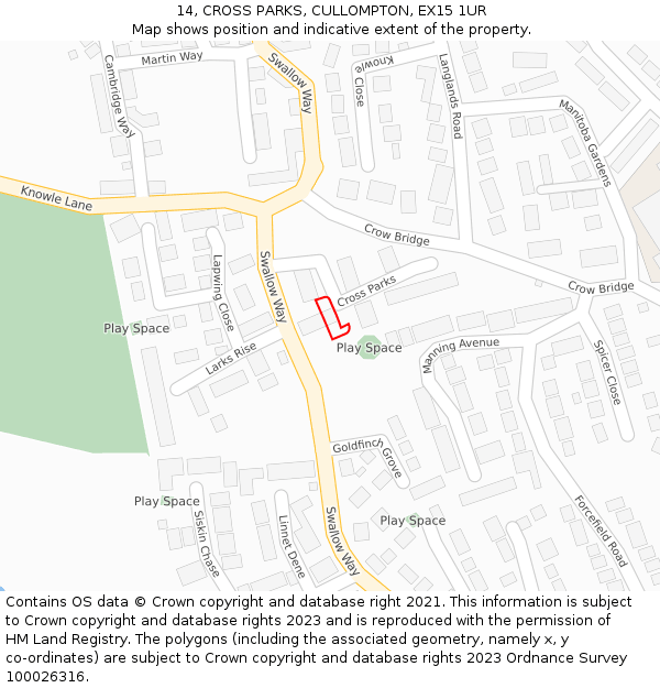 14, CROSS PARKS, CULLOMPTON, EX15 1UR: Location map and indicative extent of plot