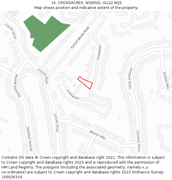 14, CROSSACRES, WOKING, GU22 8QS: Location map and indicative extent of plot