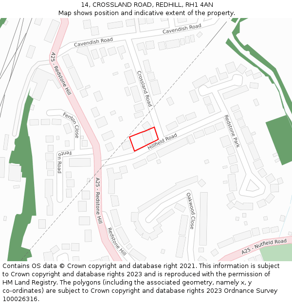14, CROSSLAND ROAD, REDHILL, RH1 4AN: Location map and indicative extent of plot