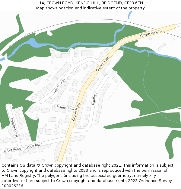 14, CROWN ROAD, KENFIG HILL, BRIDGEND, CF33 6EN: Location map and indicative extent of plot