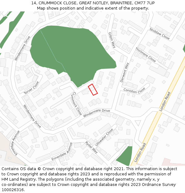 14, CRUMMOCK CLOSE, GREAT NOTLEY, BRAINTREE, CM77 7UP: Location map and indicative extent of plot