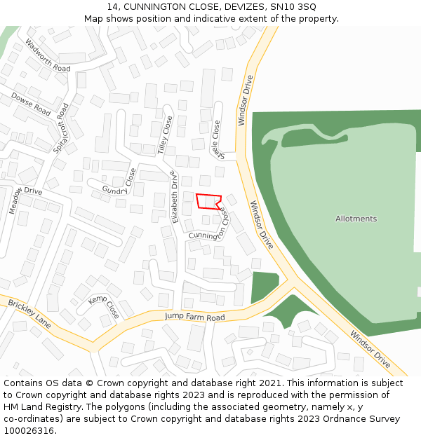 14, CUNNINGTON CLOSE, DEVIZES, SN10 3SQ: Location map and indicative extent of plot