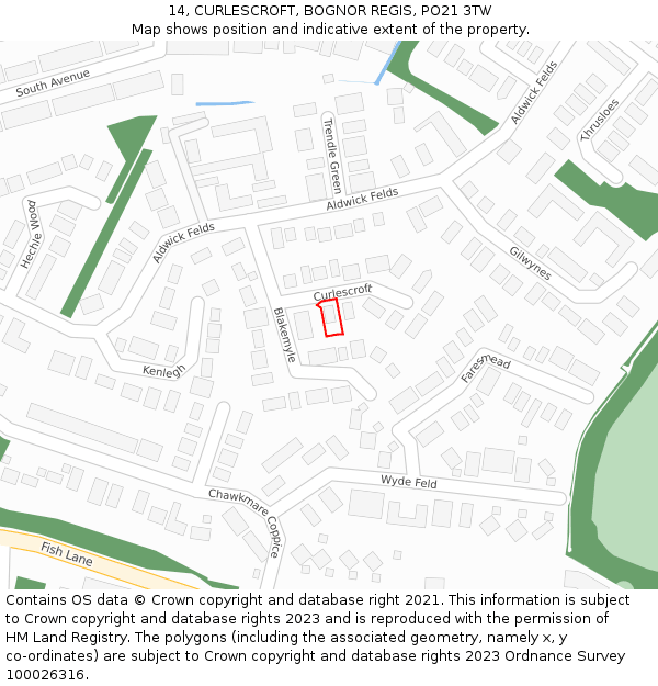 14, CURLESCROFT, BOGNOR REGIS, PO21 3TW: Location map and indicative extent of plot
