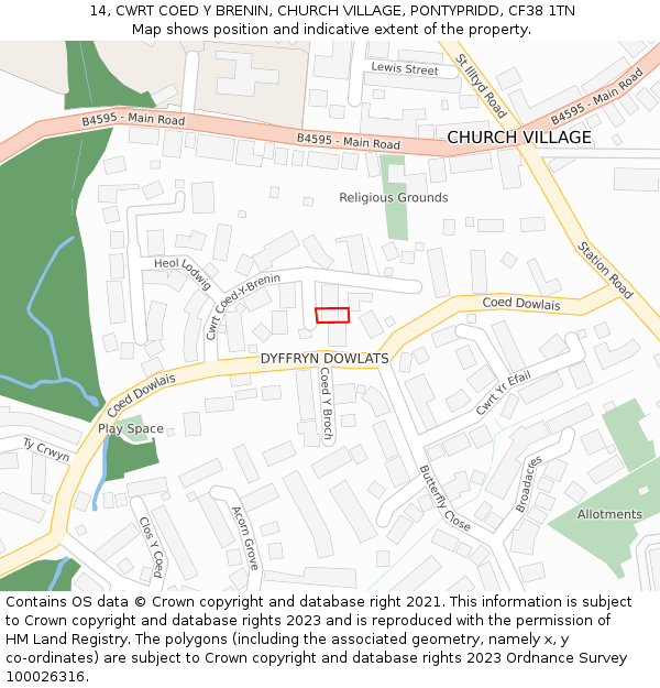 14, CWRT COED Y BRENIN, CHURCH VILLAGE, PONTYPRIDD, CF38 1TN: Location map and indicative extent of plot