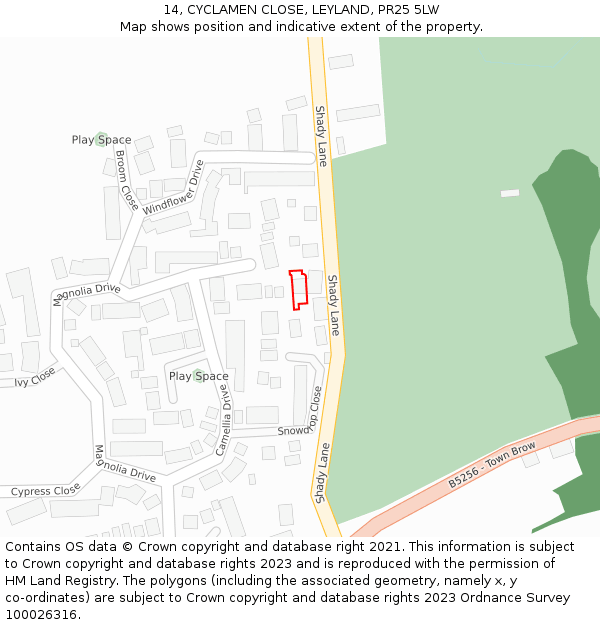 14, CYCLAMEN CLOSE, LEYLAND, PR25 5LW: Location map and indicative extent of plot
