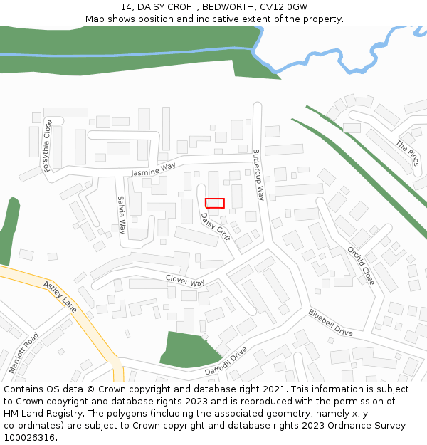 14, DAISY CROFT, BEDWORTH, CV12 0GW: Location map and indicative extent of plot