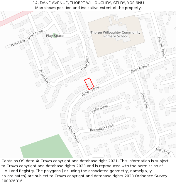 14, DANE AVENUE, THORPE WILLOUGHBY, SELBY, YO8 9NU: Location map and indicative extent of plot