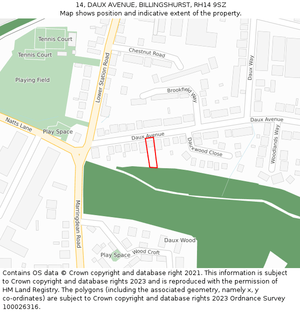 14, DAUX AVENUE, BILLINGSHURST, RH14 9SZ: Location map and indicative extent of plot