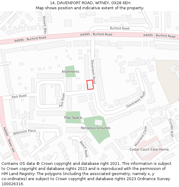 14, DAVENPORT ROAD, WITNEY, OX28 6EH: Location map and indicative extent of plot